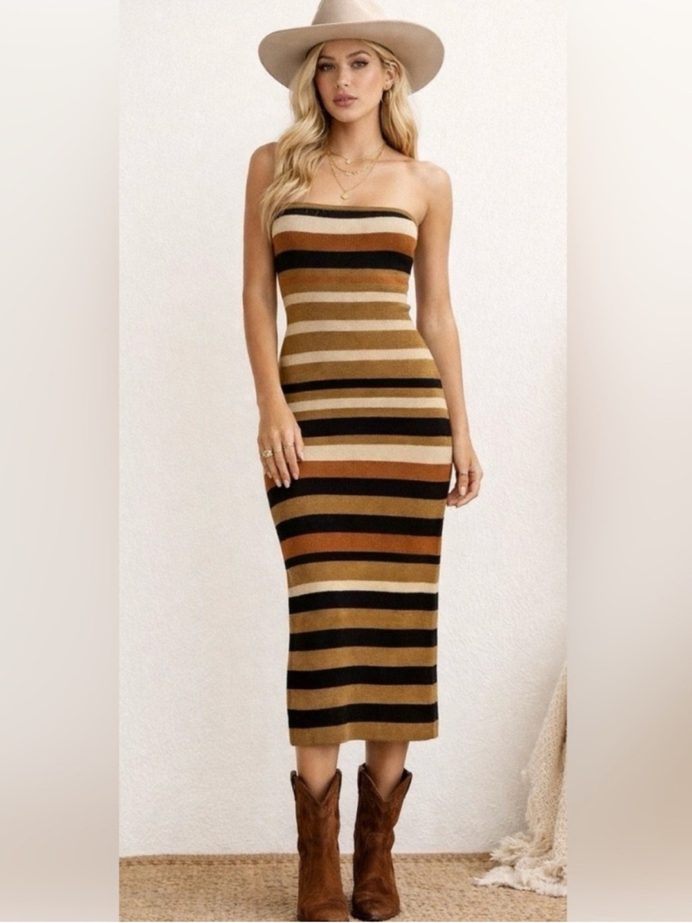 Camila Coelho Earthy Striped Strapless Knit Midi Dress Womens Size Medium